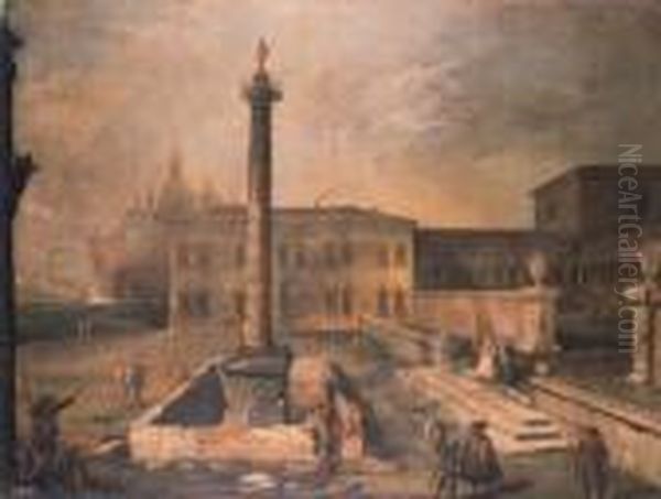 A Capriccio Of A Piazza In Front
 Of A Palace With The Column Ofmarcus Aurelius, Pilgrims And Townsfolk, A
 Domed Churchbeyond Oil Painting by (Giovanni Antonio Canal) Canaletto