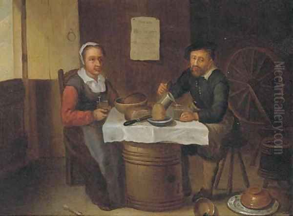 An elderly couple eating and drinking in a tavern Oil Painting by David Ryckaert III