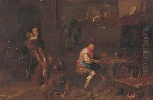 A peasant family in their workshop Oil Painting by David Ryckaert III