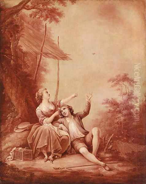 An Arcadian Landscape with a Shepherd and Shepherdess carousing by a Tree Oil Painting by Jean-Baptiste Huet I