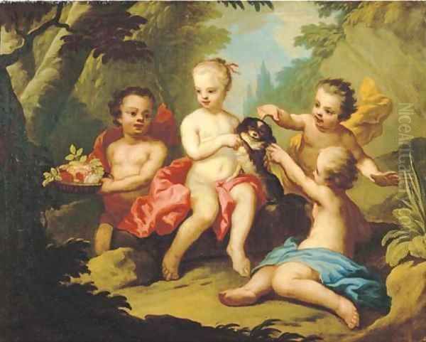 Putti and a pet dog disporting in a garden Oil Painting by Johann Heinrich Wilhelm Tischbein I