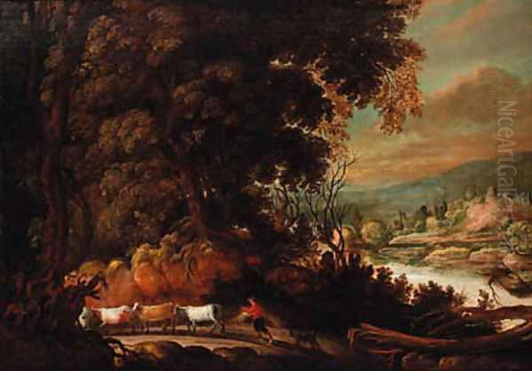 A wooded path with a peasant herding cattle, a river landscape beyond Oil Painting by David Teniers I