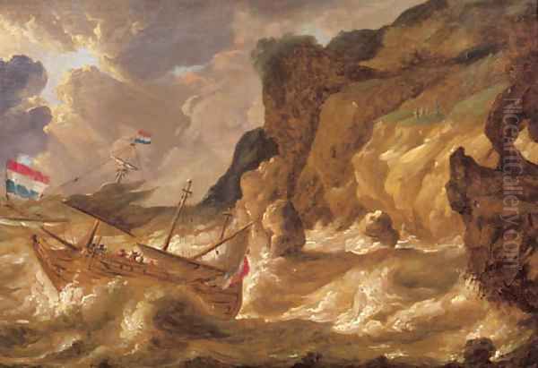 A threemaster lowering sail off a rocky coast in a gale Oil Painting by Bonaventura Peeters I