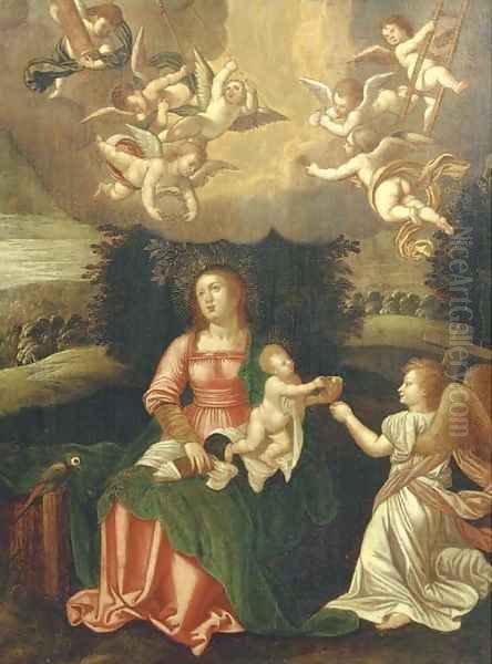 The Virgin and Child with angels holding the tools of The Passion Oil Painting by Hendrik van Balen