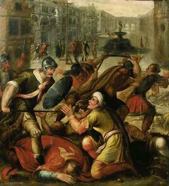 Footsoldiers invading a city Oil Painting by Karel Van Mander I