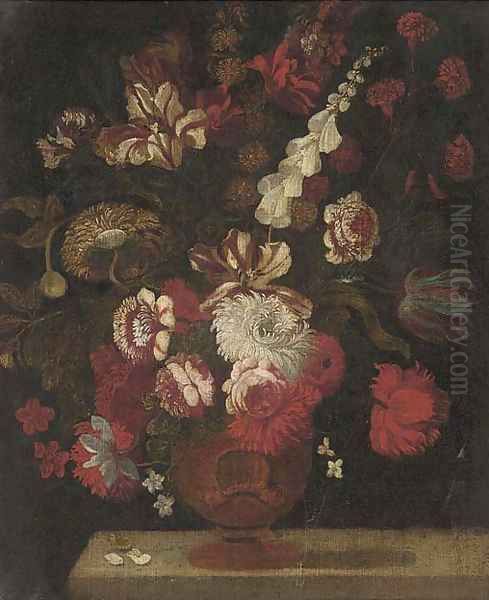 Parrot tulips, chrysanthemums, roses and other flowers in an urn on a ledge Oil Painting by Andrea Scacciati I