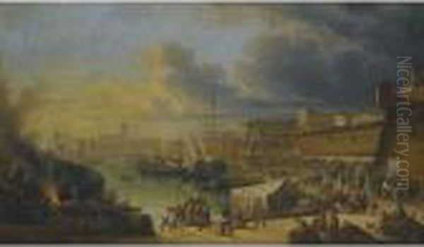 Livorno Harbour With The Marble Statue Of Grand Duke Ferdinandoi Di Medici Oil Painting by Guiseppe Canella