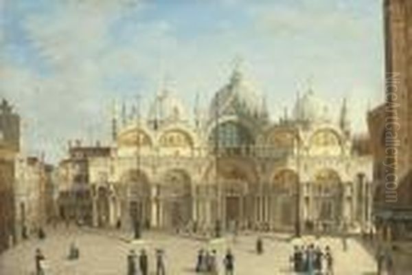 Travellers On The Grand Tour Before The Basilica Di San Marco,venice Oil Painting by Guiseppe Canella