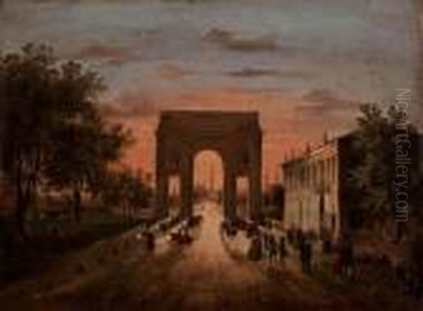 Veduta Con Arco, Edifici E Figure Oil Painting by Guiseppe Canella