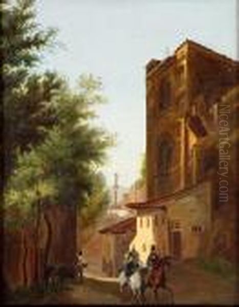 Scorcio Di Citta Con Passanti A Cavallo Oil Painting by Guiseppe Canella