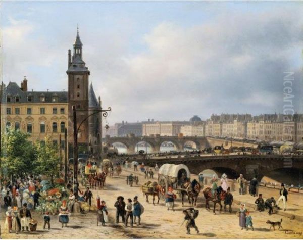 Paris, La Tour De L'horloge Et 
Le Marche Aux Fleurs [, View Of The Clock Tower And The Flower Market In
 Paris, Oil On Panel, Signed And Dated 1829.] Oil Painting by Guiseppe Canella