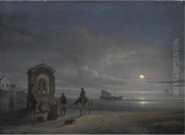 Veduta Di Una Spiaggia Di Mare Col Levar Della Luna Oil Painting by Guiseppe Canella