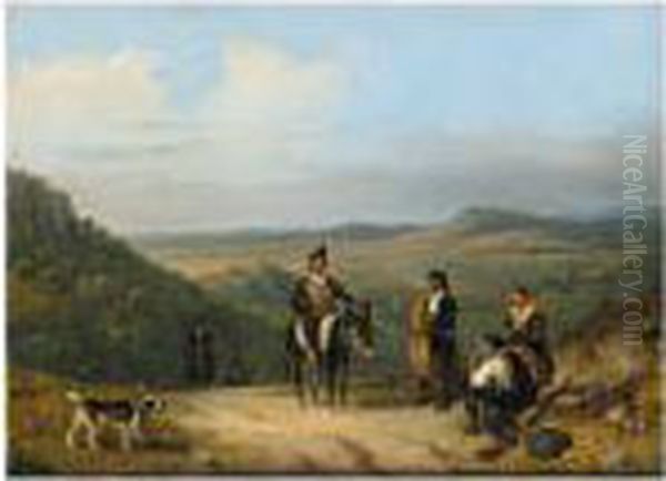 A Moutainous Landscape With Hunters Resting Beside The Road Oil Painting by Guiseppe Canella