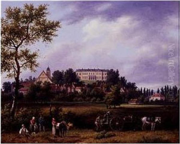 Landscape With Peasants Working In The Fields With A Town And A Manor House Beyond Oil Painting by Guiseppe Canella