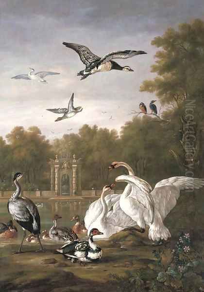 A park with swans, ducks and other birds by a pond Oil Painting by Pieter Casteels III