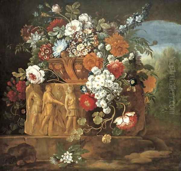 Roses, peonies, daisies and other flowers in a sculpted vase Oil Painting by Pieter Casteels III