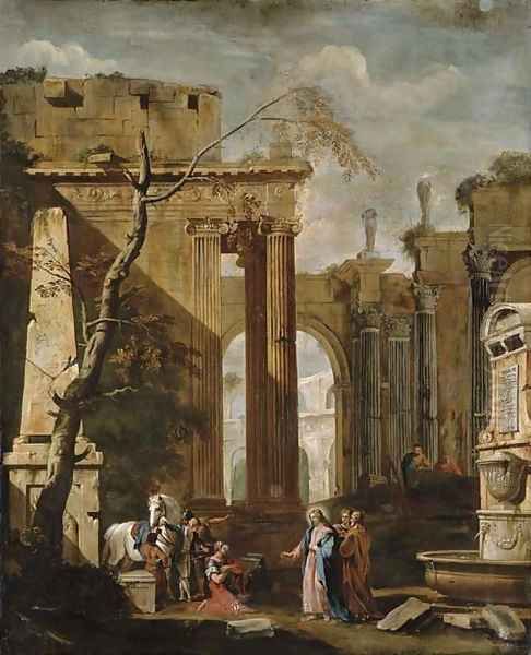 Christ and the Centurion in a ruined temple Oil Painting by Pieter Casteels III