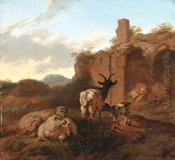 An Italianate Landscape with Sheep and Goats near Ruins Oil Painting by Jacob Van Der Does I