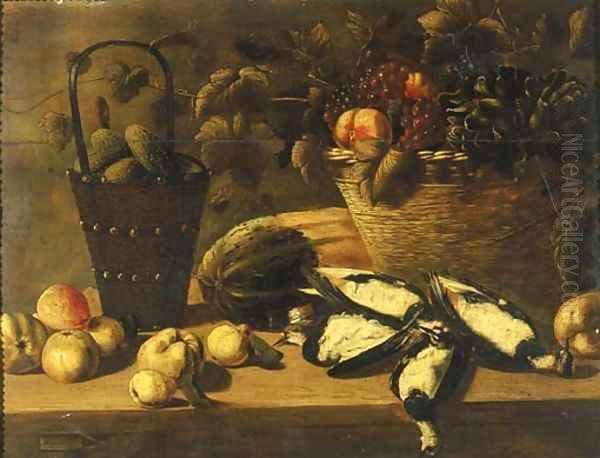 Grapes, peaches and artichokes in a basket with gherkins in a bucket Oil Painting by Johannes Kuveenis I