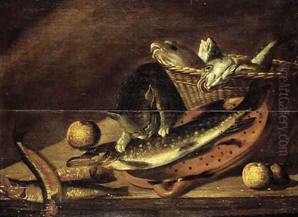 A cat eating from a haddock on an earthenware strainer on a table Oil Painting by Johannes Kuveenis I