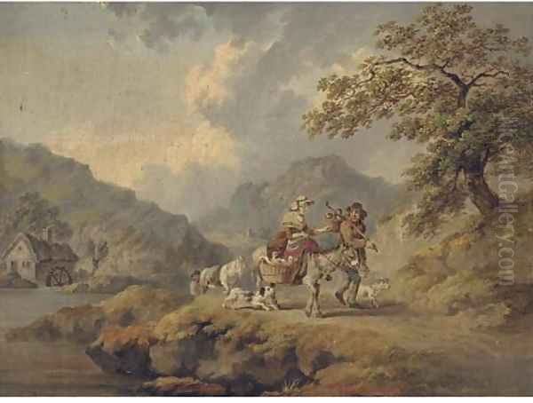 Peasants travelling to market with geese and chickens, a watermill beyond Oil Painting by Julius Caesar Ibbetson