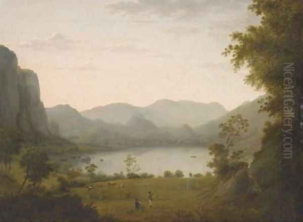 Figures conversing in a lake landscape Oil Painting by Julius Caesar Ibbetson