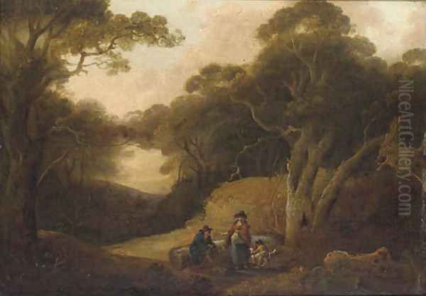 Figures resting in a woodland glade Oil Painting by Julius Caesar Ibbetson