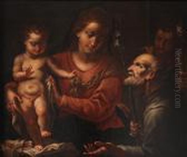 Sacra Famiglia Con San Giuseppe E Sangiacomo Maggiore Oil Painting by Simone Cantarini Il Pesarese