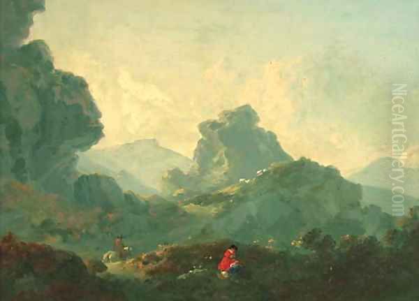 A horseman and a resting figure in a mountainous landscape Oil Painting by Julius Caesar Ibbetson