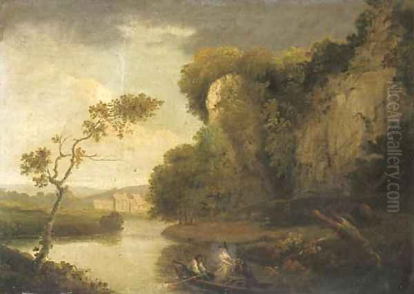 Figures in a rowing boat in a river landscape Oil Painting by Julius Caesar Ibbetson