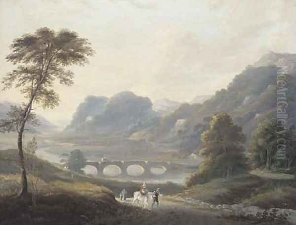 Travellers on a track in a river landscape Oil Painting by Julius Caesar Ibbetson