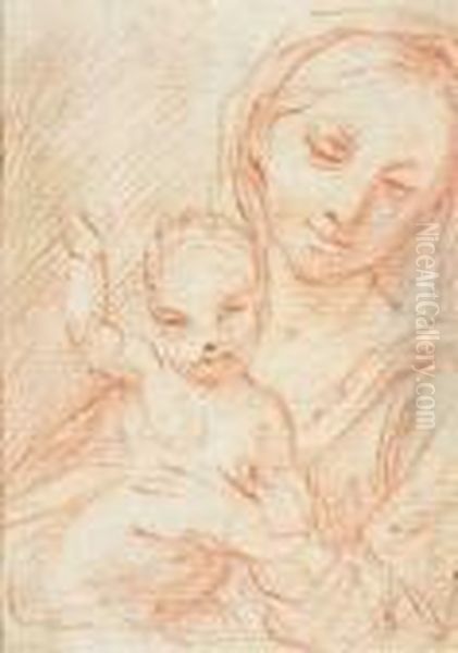 Madonna And The Child. Red Chalk
 On Paper, Verso Old Collector'snotes In Handwriting And A Crowned 
Collector's Mark Oil Painting by Simone Cantarini Il Pesarese