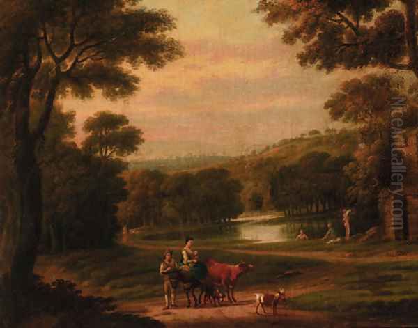 Figures resting by a pond with bathers beyond Oil Painting by Julius Caesar Ibbetson