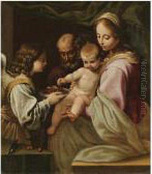 The Holy Family With An Angel Offering The Christ Child A Plate Of Cherries Oil Painting by Simone Cantarini Il Pesarese