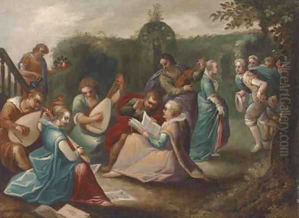 Elegant company making music in a garden Oil Painting by Louis De Caullery II