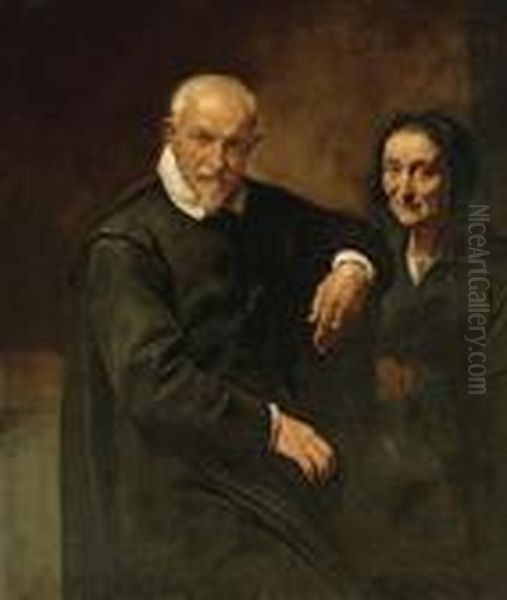 Portrait Of A Seated Gentleman And A Lady Holding A Rosary Oil Painting by Simone Cantarini Il Pesarese