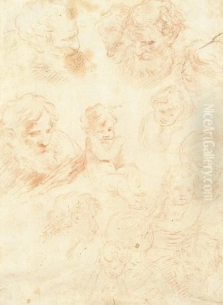 Recto: Four Studies Of The Head Of A Bearded Man And Two Bust-length Studies Of A Child
 Verso: Five Studies Of A Bearded Male Head, One Of A Child, Two Of A Youth's Head And Two Studies Of The Virgin And Child Oil Painting by Simone Cantarini Il Pesarese