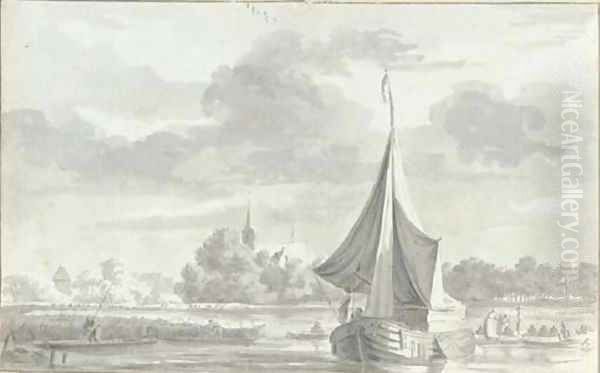 View of Benthuizen, with shipping on the river Oil Painting by Abraham De Haen II