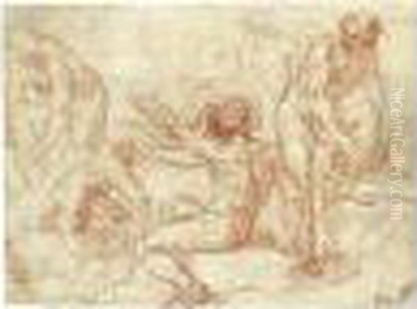 Recto: Studies Of Male Nudes For
 A Bathing Scene; Verso: Angels Appearing To A Saint Adoring The 
Crucifix Oil Painting by Simone Cantarini Il Pesarese