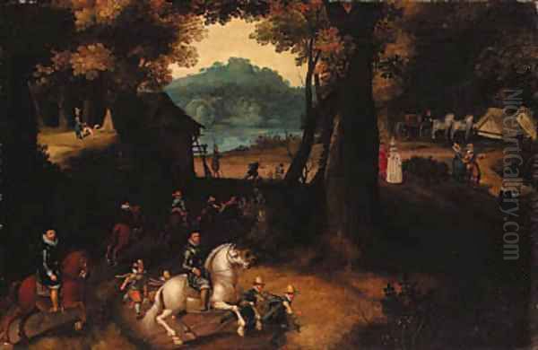 A wooded landscape with Maurits Oil Painting by Gillis Van Coninxloo III