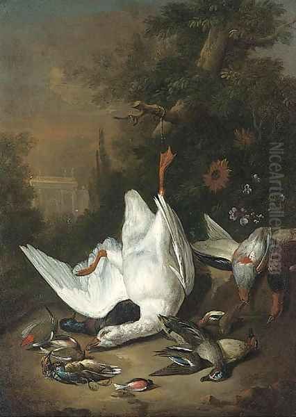 A goose, woodpecker, ducks and other dead game in a clearing Oil Painting by Jan Weenix II