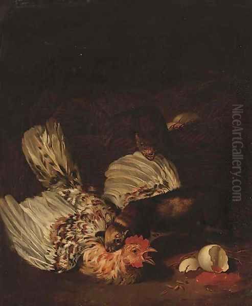 Poultry disturbed by the polecats Oil Painting by Jan Weenix II