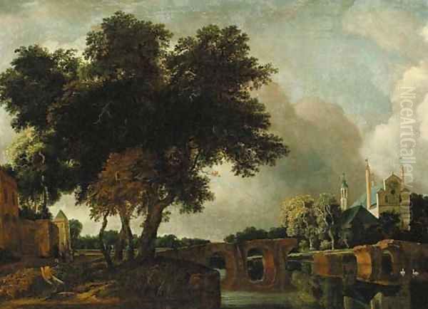 A wooded river landscape with a stone bridge, a church beyond Oil Painting by Jan Van Kessel III