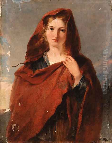 Woman in red shawl Oil Painting by Girolamo Induno