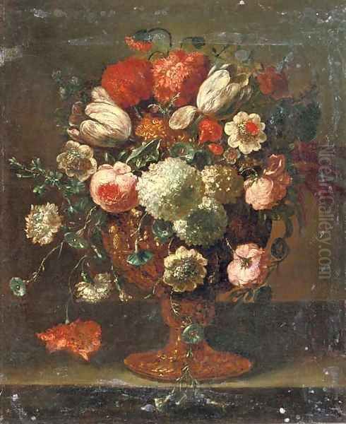 Roses, tulips, violets, hydrangeas and other flowers in an earthenware vase on a stone ledge Oil Painting by Peter Casteels III