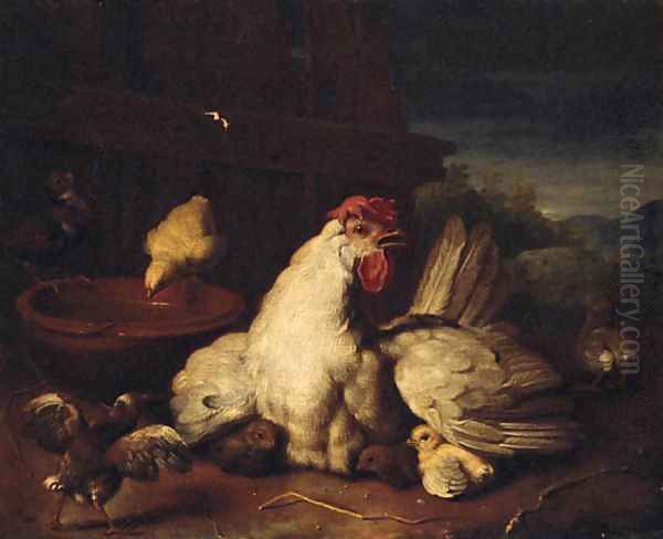 A hen with chicks in a farmyard Oil Painting by Peter Casteels III