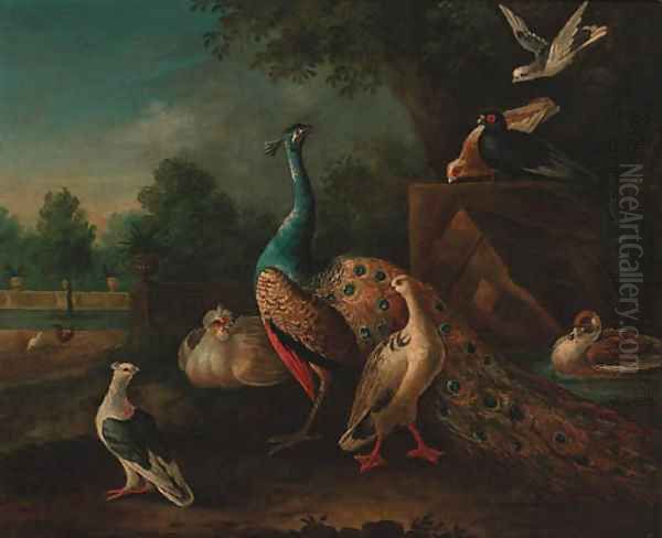 A peacock, ducks and pigeons by a pond, an ornamental lake beyond Oil Painting by Peter Casteels III