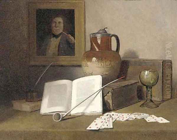 Playing cards, a pipe, a goblet, a ewer and books on a table Oil Painting by Herbert Izant