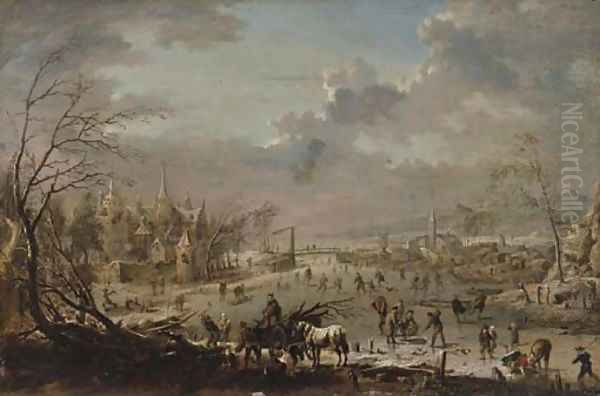 A winter landscape with villagers skating on a frozen river and wood-gatherers Oil Painting by Jan Pieter Van Bredael I