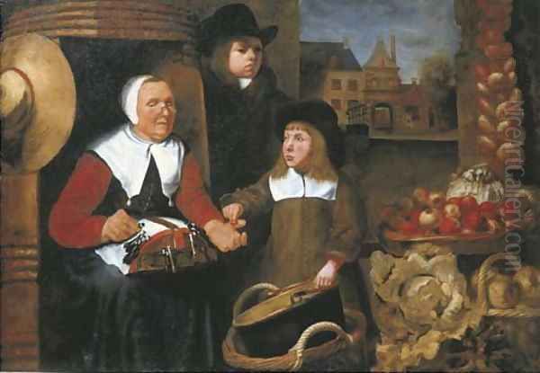 A market scene with two boys by a vegetable seller making lace, the St. Jorispoort in Dordrecht beyond Oil Painting by Johannes Vollevens I